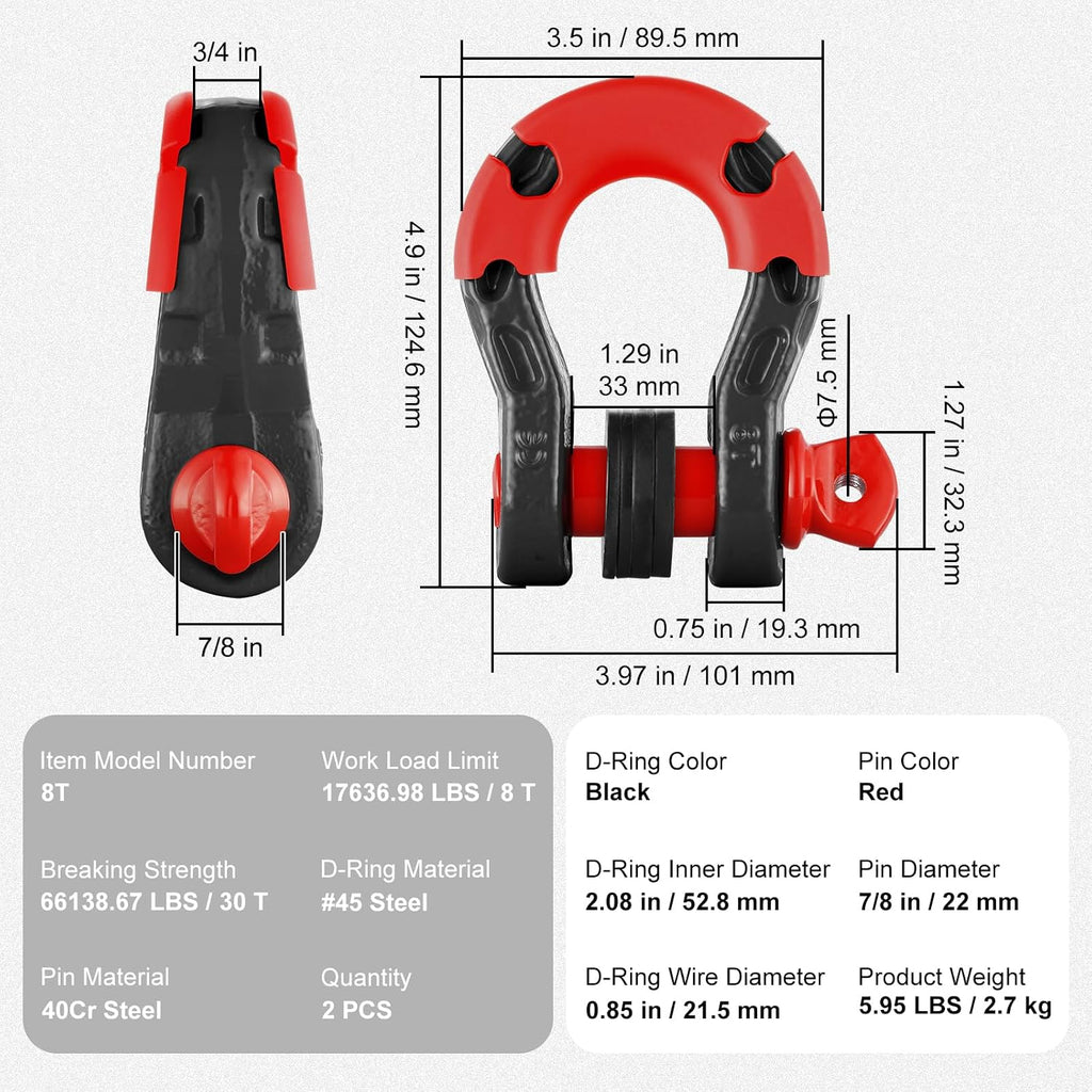 VEVOR 3/4" D Ring Shackle, Black Shackles for Truck with 7/8” Screw Pin 66139 lbs (30 Ton) Break Strength Red Isolator Washers Kit, Winch Towing Shackle for Truck Jeep Heavy Duty Off Road Recovery