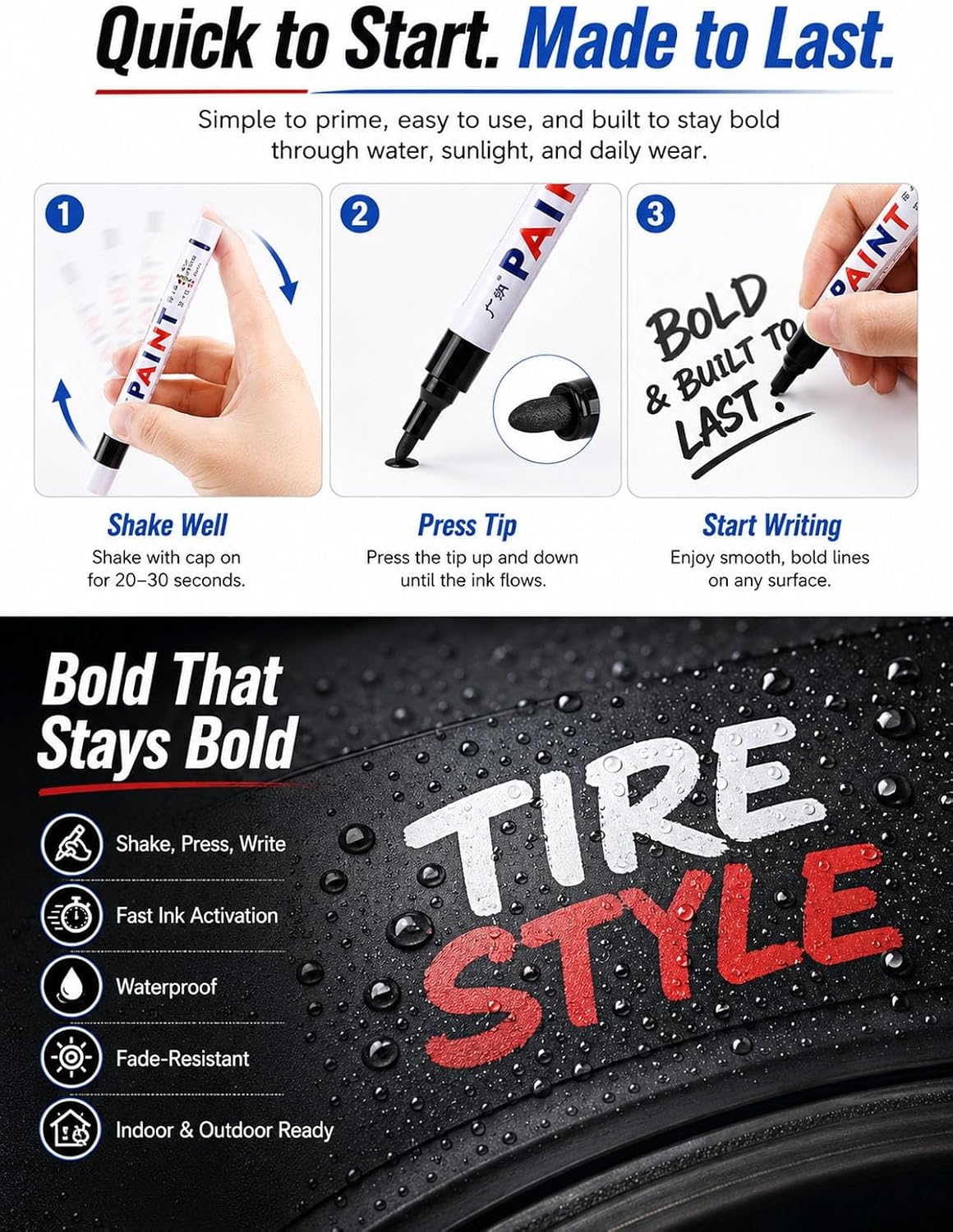 Oil-Based Tire Lettering & DIY Detail Pen Waterproof Quick-Dry Permanent | Paint Markers Letter Touch up Car 12 Colors 3mm Writing Width Lettering DIY Detail for Rubber Wood Glass Ceramic Metal