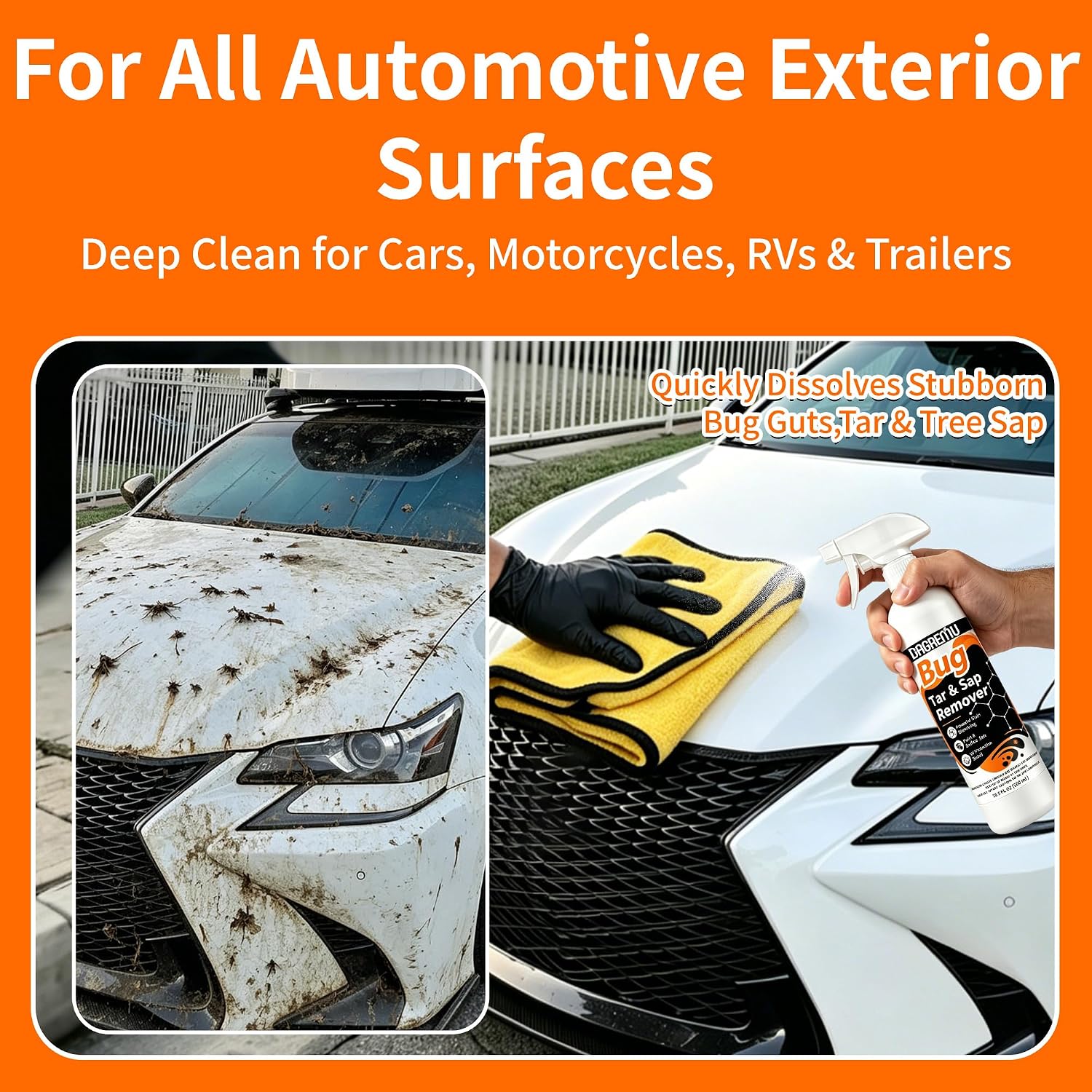 Bug, Sap & Tar Remover for Cars - Powerful Stain Dissolving Spray, UV Protection, Car Bug Remover,Tree Sap Remover,Bug Cleaner for Exterior Paint Glass Chrome,with Microfiber Towel 2 Pack-16.9 Fl Oz