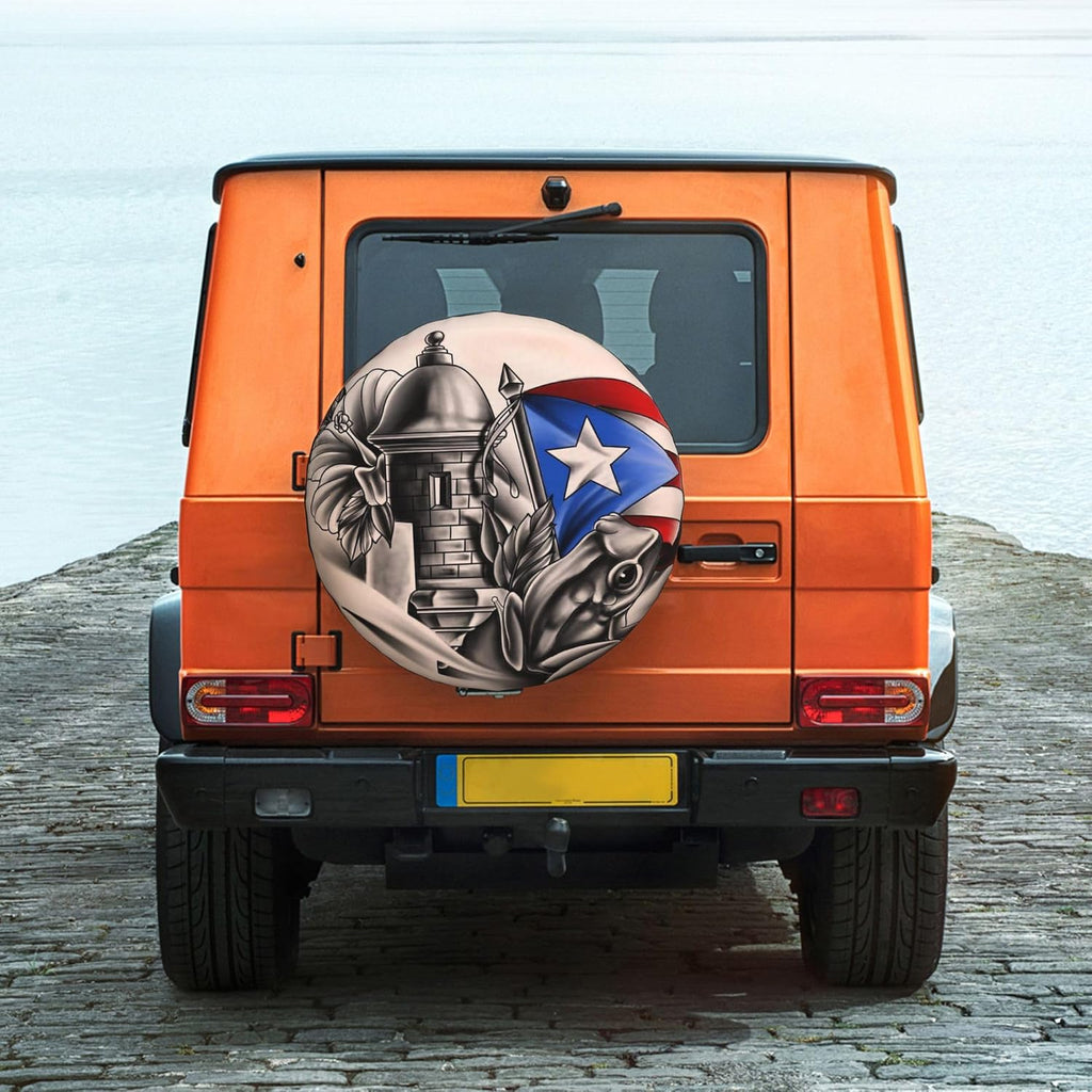 Puerto Rico Flag Frog Spare Tire Cover Universal Wheel Cover Waterproof Dust-Proof Tire Protector with Adjustable Buckle Strap for Trailer RV SUV All Vehicle 15 inch