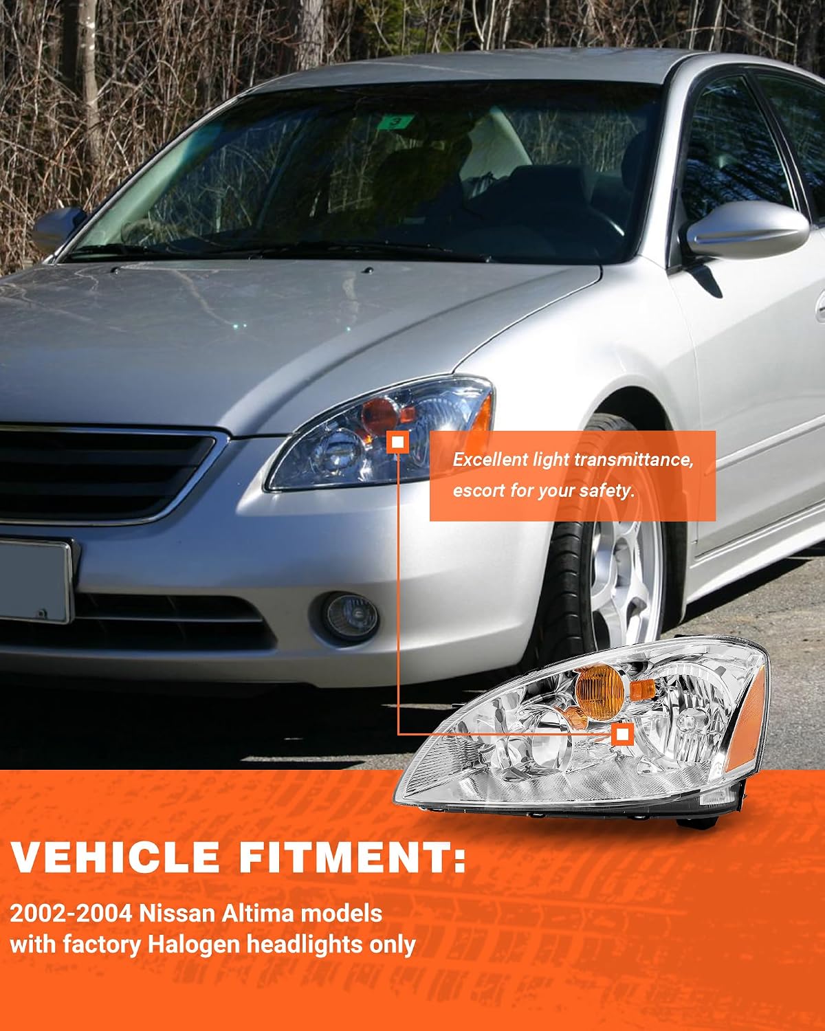 Headlights Assembly for 2002 2003 2004 Nissan Altima Chrome Housing Amber Reflector Clear Lens Headlamp Left and Right Side