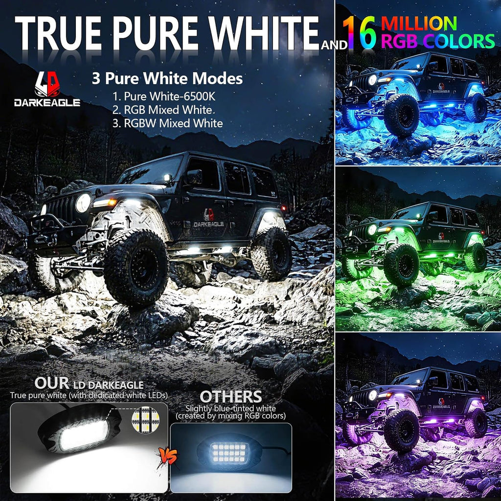 8Pods Heavy Duty Aluminum RGBW LED Rock Lights Kit for Jeep Trucks UTV ATV Golf Cart RZR SXS 4Wheeler Off-Road Vehicles, APP & RF Remote, Plug & Play Pre-Wired, Waterproof 12V Underglow Accent Light