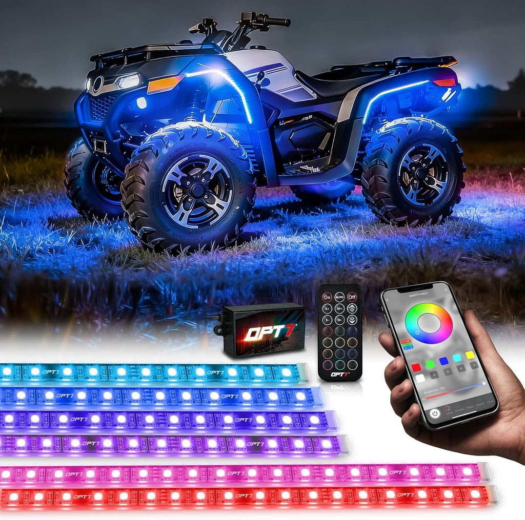 OPT7 Aura RGB LED Light Kit for Motorcycle, ATV, UTV & Snowmobile | App & Remote Controlled Multicolor Underglow Lighting, Waterproof LED Strips, Music Sync, Universal 12V Powersports Accent Lights