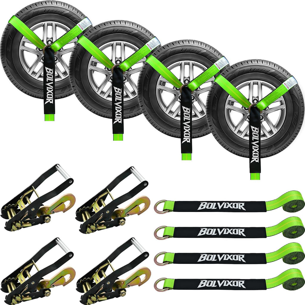 4 Pack Car Tie Down Straps for Trailers - 2" x 96" - 9900LBS Break Strength - Tire Ratchet Strap with Snap Hooks - Adjustable Wheel Straps for Hauling UTV, SUV, Truck, Any Cars