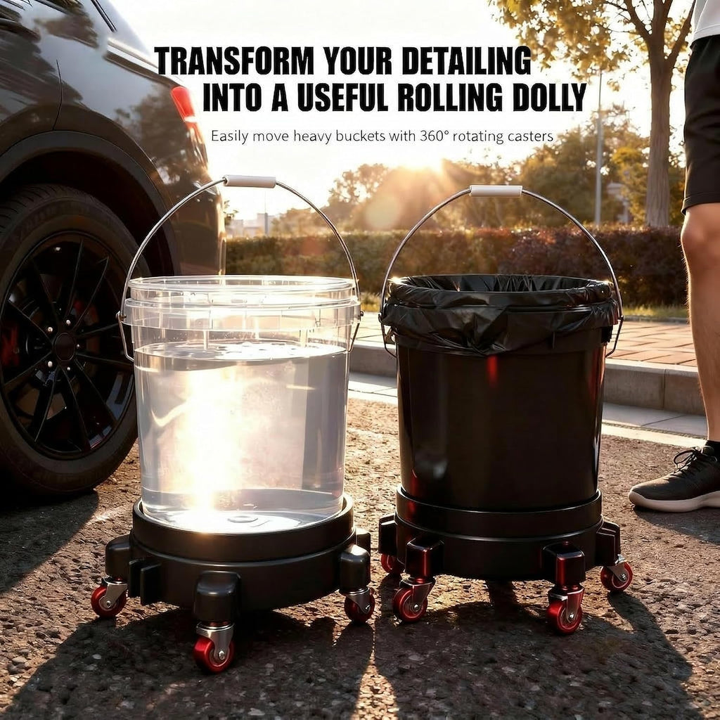 2 Pcs 5 Gallon Bucket Dolly, 11 Inch, Black Set | 1 Car Washing Glove, 5 Heavy Duty Wheel Casters, 360° Rolling, Connectable & Locking, For Car Wash, Garden & Garage