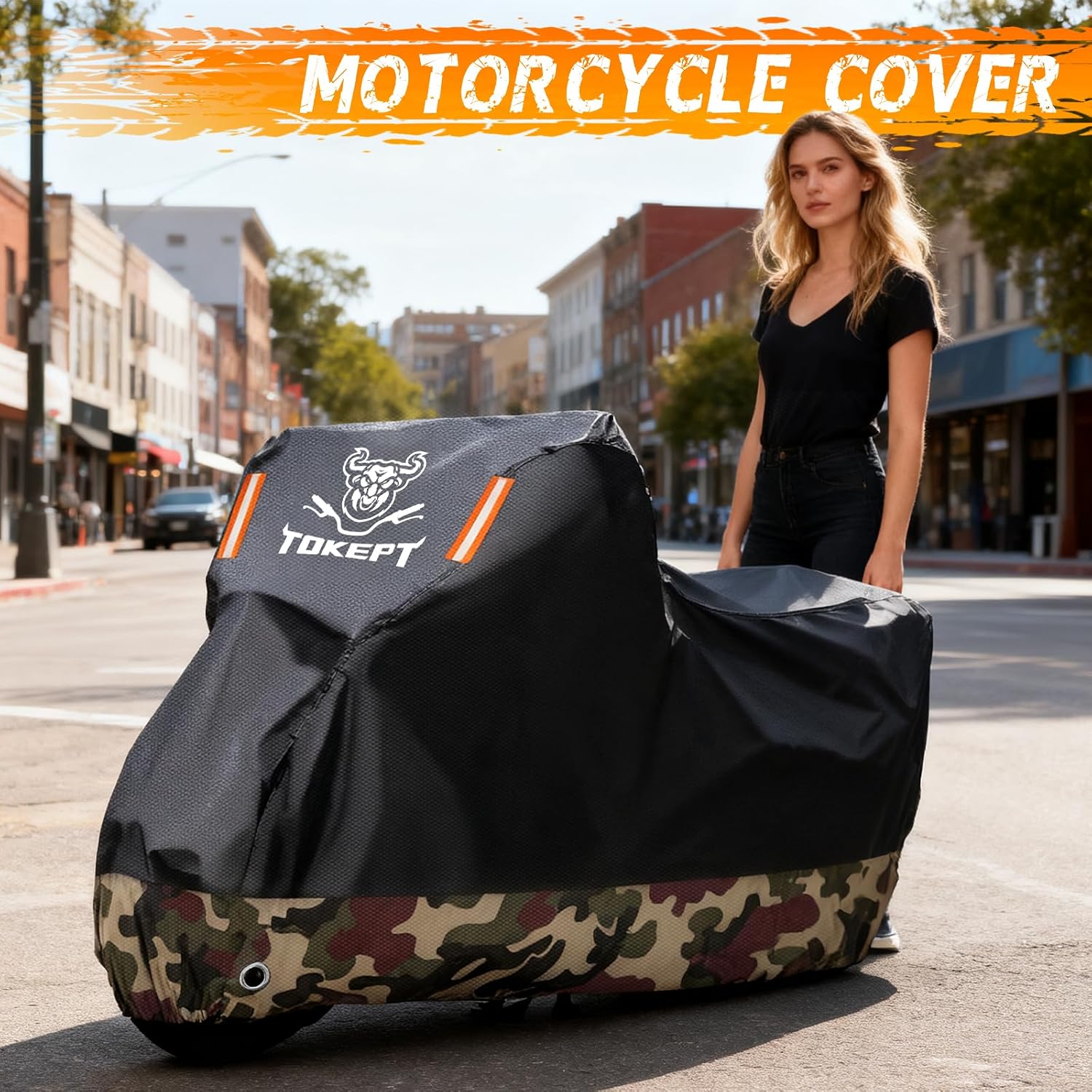 Motorcycle Cover Waterproof Outdoor All Season Weather Sun Rain Protection with Lock-Holes, Night Reflective & Storage Bag Fits up to 96" Motorcycles Powersports Vehicle Cover