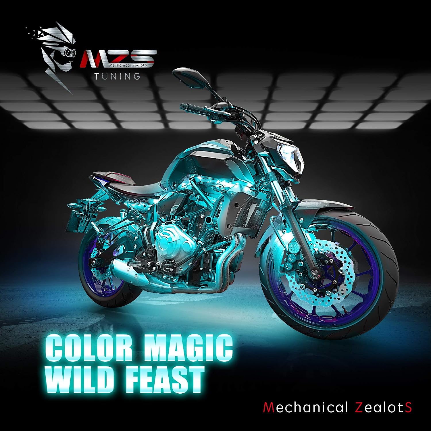 MZS 8Pcs Motorcycle LED Light Kit, Multi-Color Neon RGB Strips LED Underglow kit Compatible with ATVs UTVs Cruiser Trikes Golf Carts Most Family Motorcycle, Pack of 8