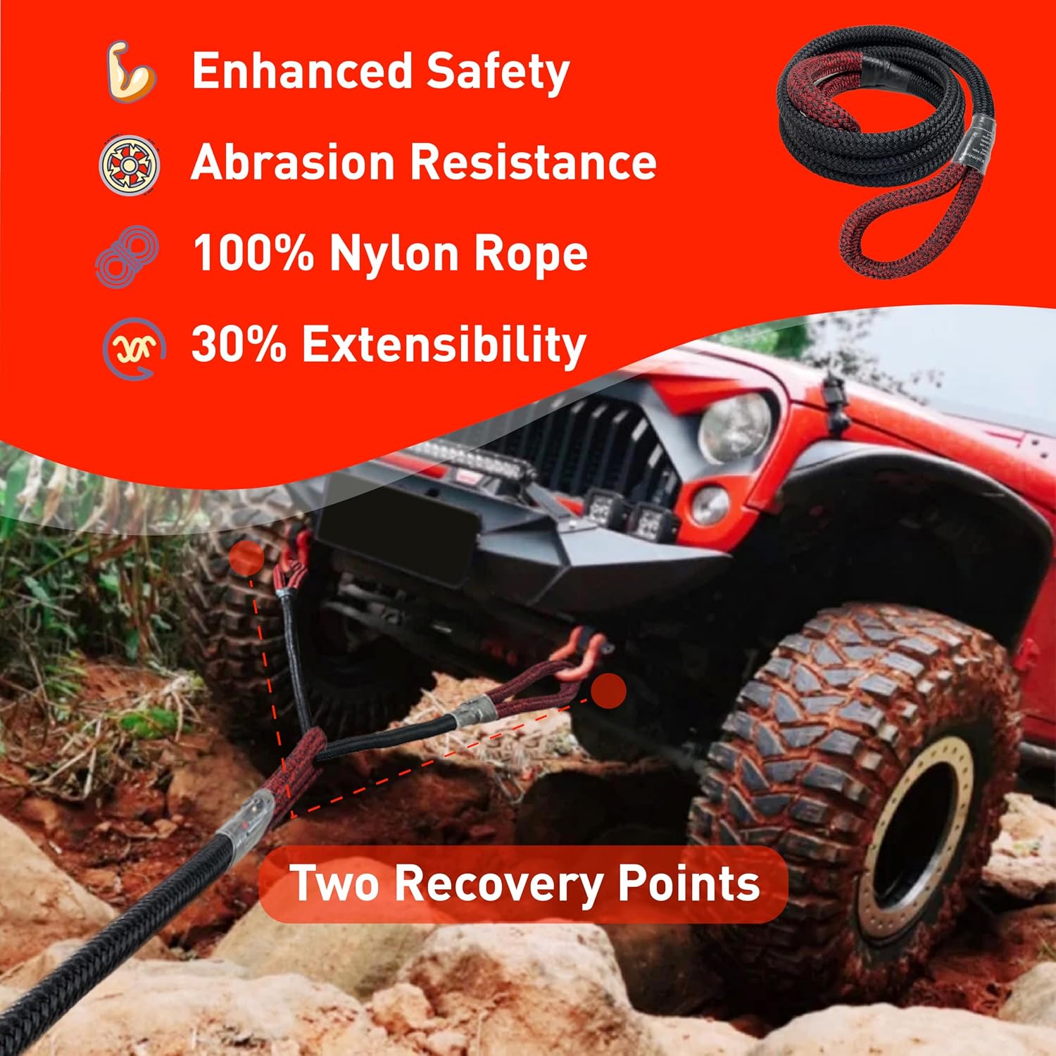 Kinetic Recovery Bridle Extension Rope 7/8'' x 10' (MBS 29,000 lbs) Two Recovery Points, black