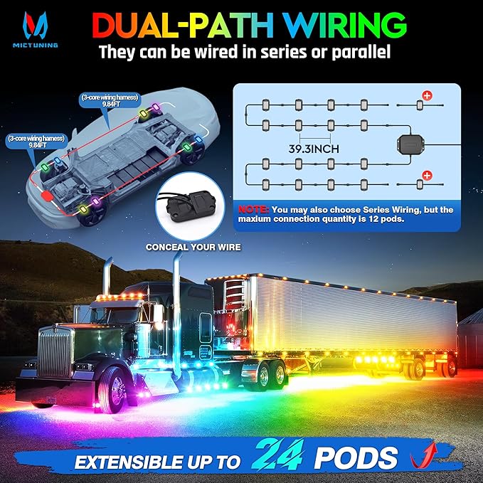 MICTUNING 2025 1000% Bright Q1 MAX RGB+IC Rock Lights, 8 Pods Chasing - Image 5