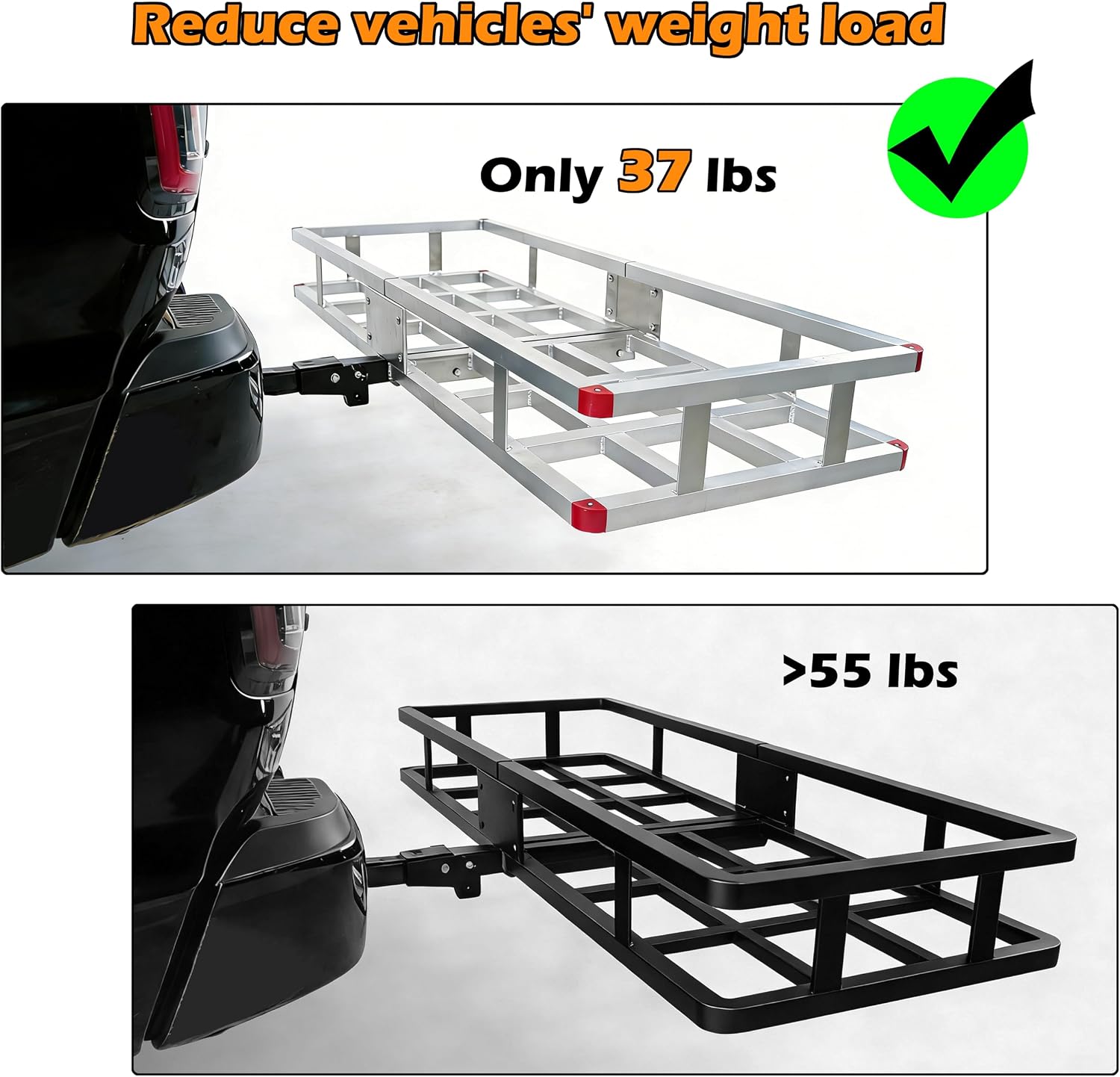 60 x 20 x7 Aluminum Cargo Carrier Hitch Mount - 500lb Heavy Duty Folding Luggage Rack - Powder Coated 2" Angled Shank for Ground Clearance - Rustproof Vehicle Cargo Basket for SUV & Truck Storage