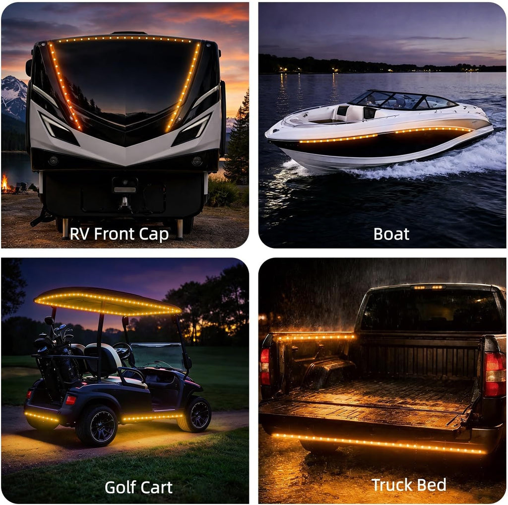 12V Marine Boat LED Light Strip Super Bright, 2 Pack 6.56FT IP68 Fully Waterproof RV Front Cap Lights, Golf Cart Underglow Roof Lights Strip for Truck ATV UTV SUV Car Pickup Trailer, Cuttable, Amber