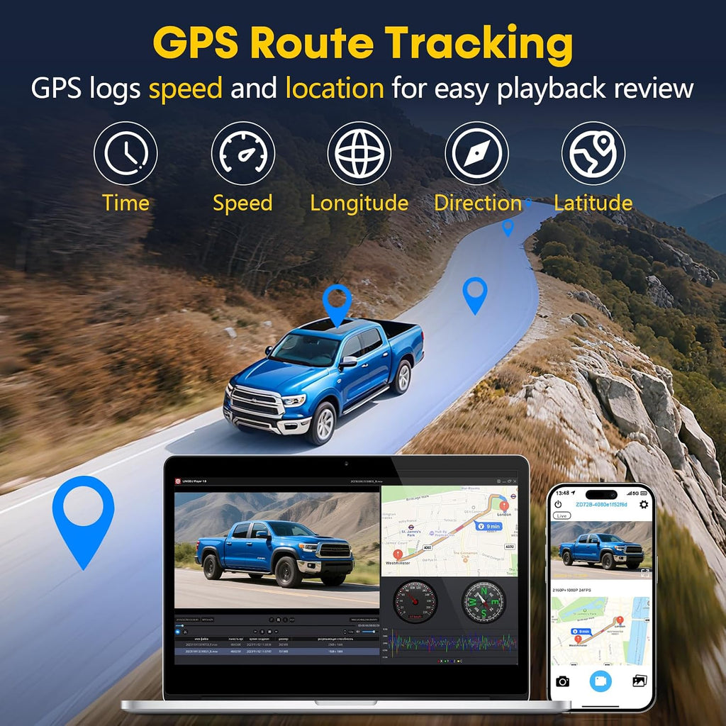 front and rear dash cam for truck: 4k+1080p on a desk or shelf