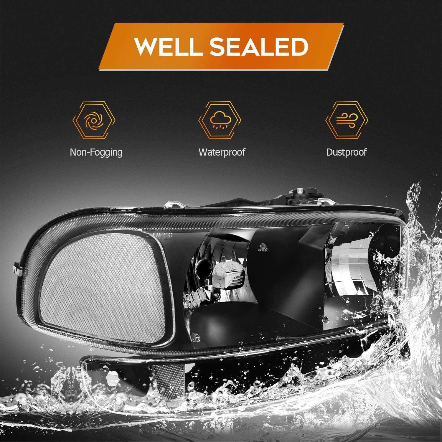 Headlight Assembly Compatible with 1999-2006 for GMC Sierra 1500 2007 for GMC Sierra 1500 Classic Black Housing Clear Reflector Clear Lens Driver and Passenger Side Headlamp