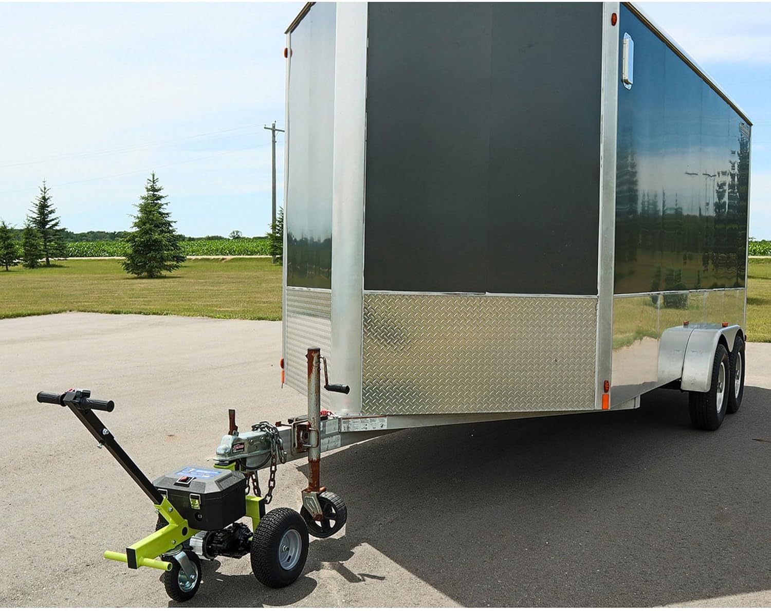 Tow Tuff Electric Trailer Dolly w/ 13" Tires & 8" Swivel Caster Wheel, 3500 lb Capacity, Green - 22" to 28.35" Adjustable Ball Height, 1.5 Mph Speed, Fits 2" Ball Mount, Utility, Boat or Cargo Use