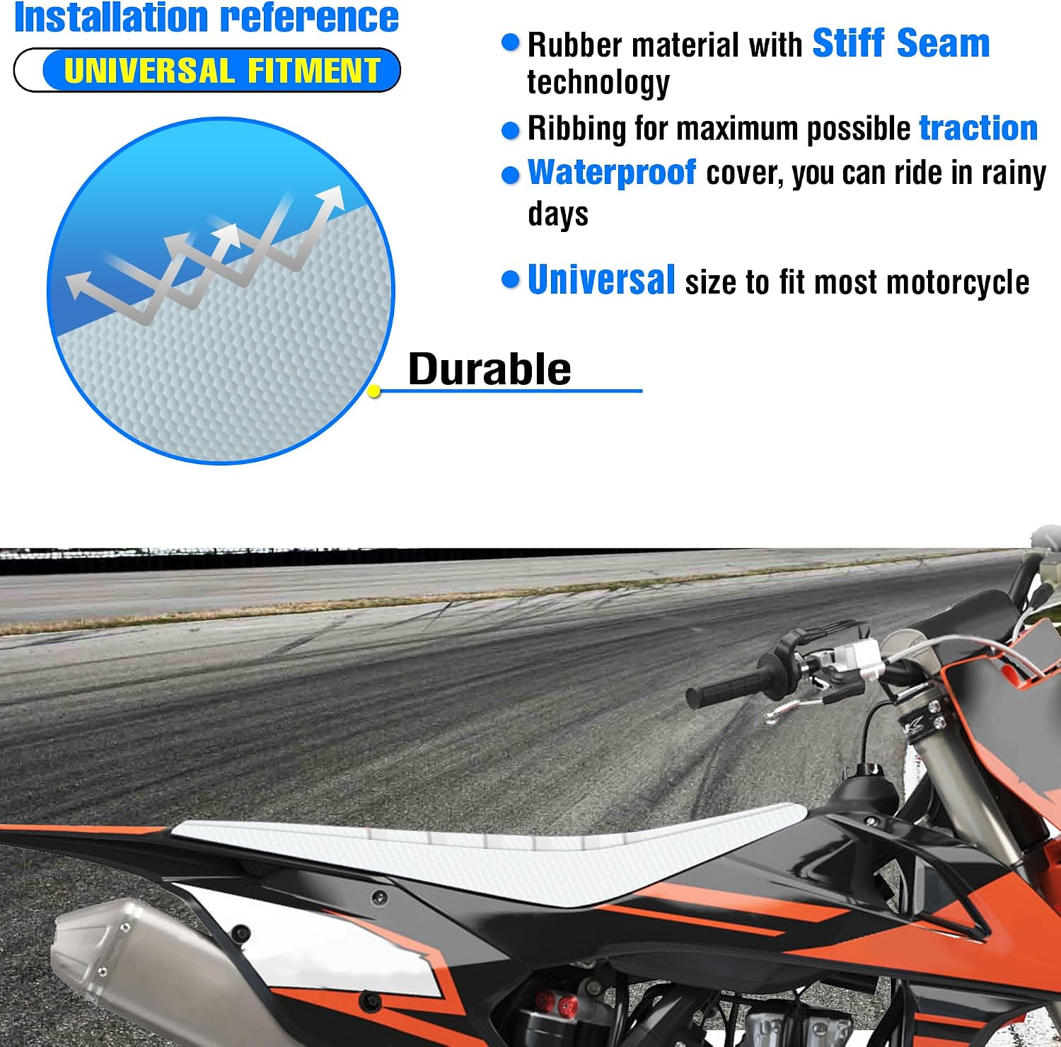 Universal Ribbed Dirt Bike Seat Cover - Gripper Soft Seat Cover for Most Dirt Pit Bike Motorcycle (All White)