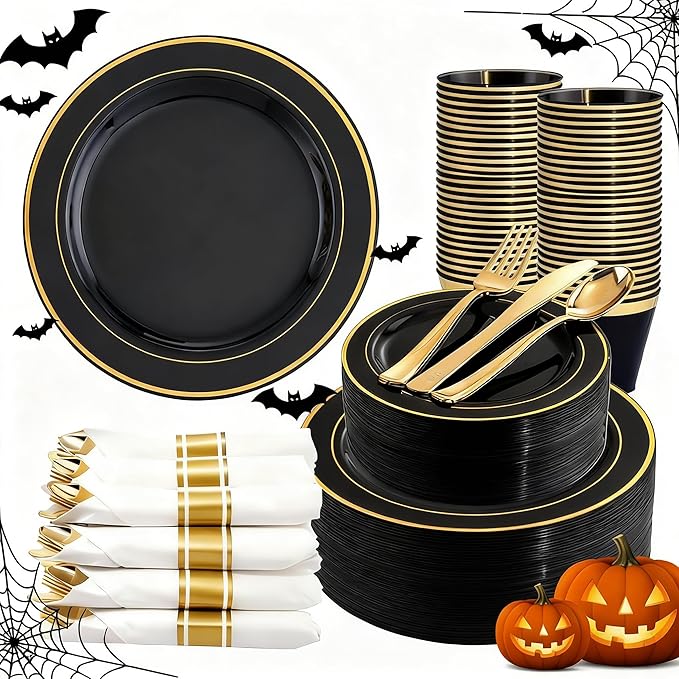 350 Pieces Black and Gold Plastic Plates with Disposable Silverware, Include ...