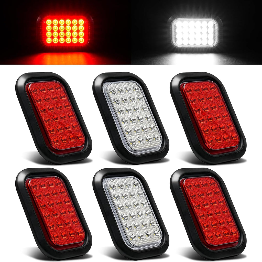 6PCS 5x3 Inch 24 LED 4 Red Stop/Turn/Tail/Lights 2 White Backup Reverse Lights Rectangle Truck Trailer Tail Lights w/Grommets & 3 Wire Pigtail Plug