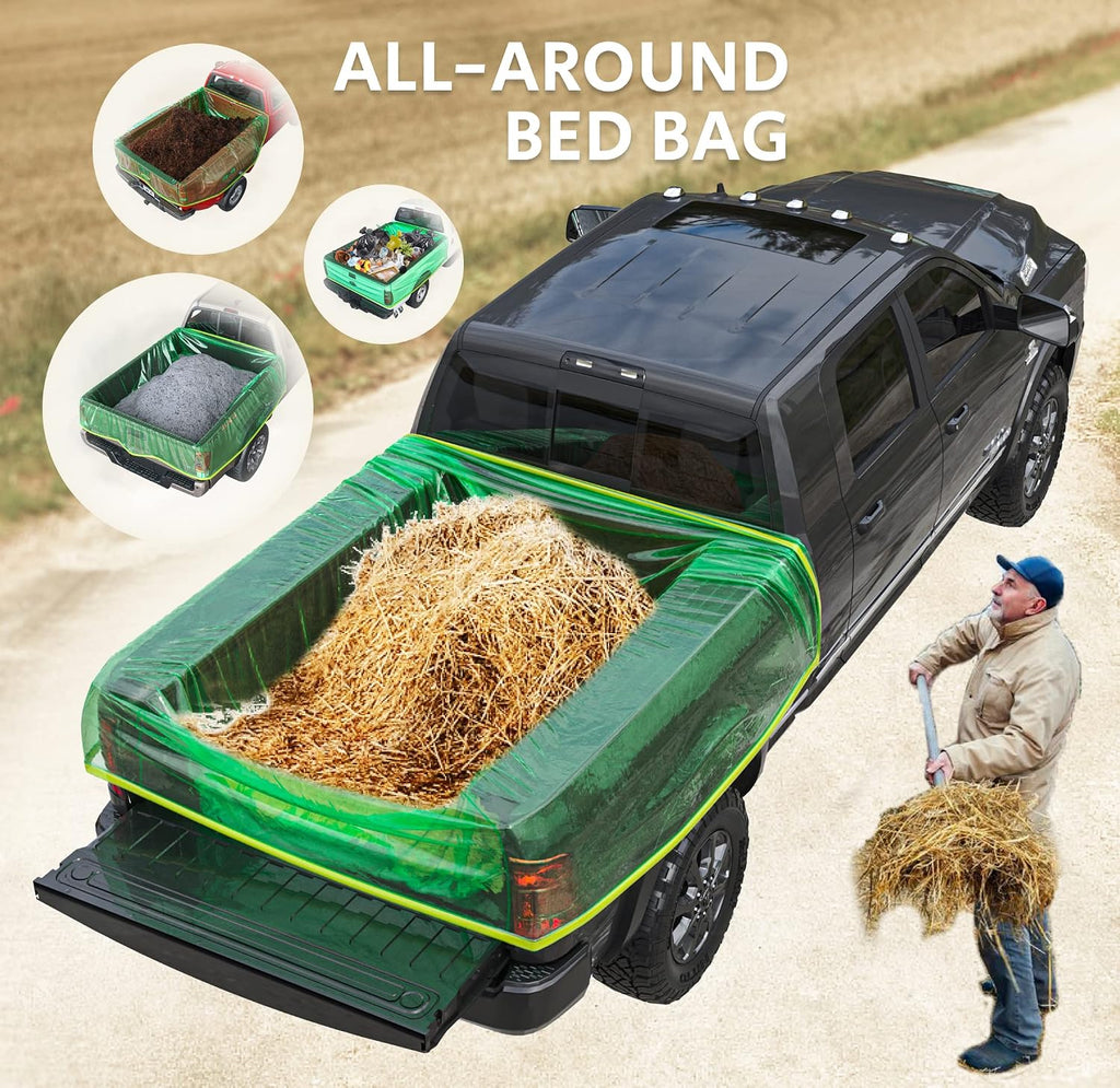 TidyFriend Truck Bed Bag 101" x 75" x 50", Heavy Duty Waterproof Truck Bed Storage Liner with Drawstring – Reusable Dumpster Bag for Waste Management, Hauling, and Moving (Green)
