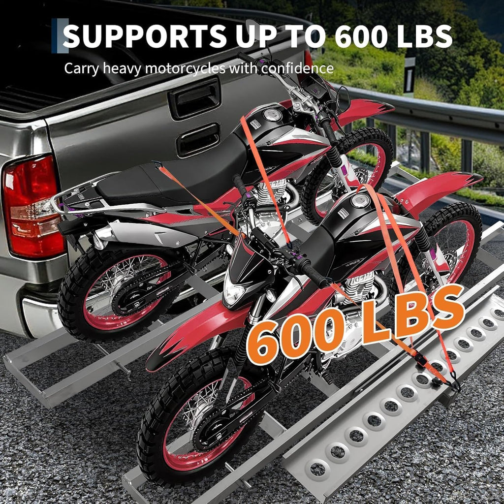 600 lbs Professional-Grade Motorcycle Hitch Carrier – 2 Inch Receiver Hitch Mount, Anti-Wobble Stabilization, Non-Slip Ramp, Tie-Down Straps, Dirt Bike & Motorcycle Trailer Transport