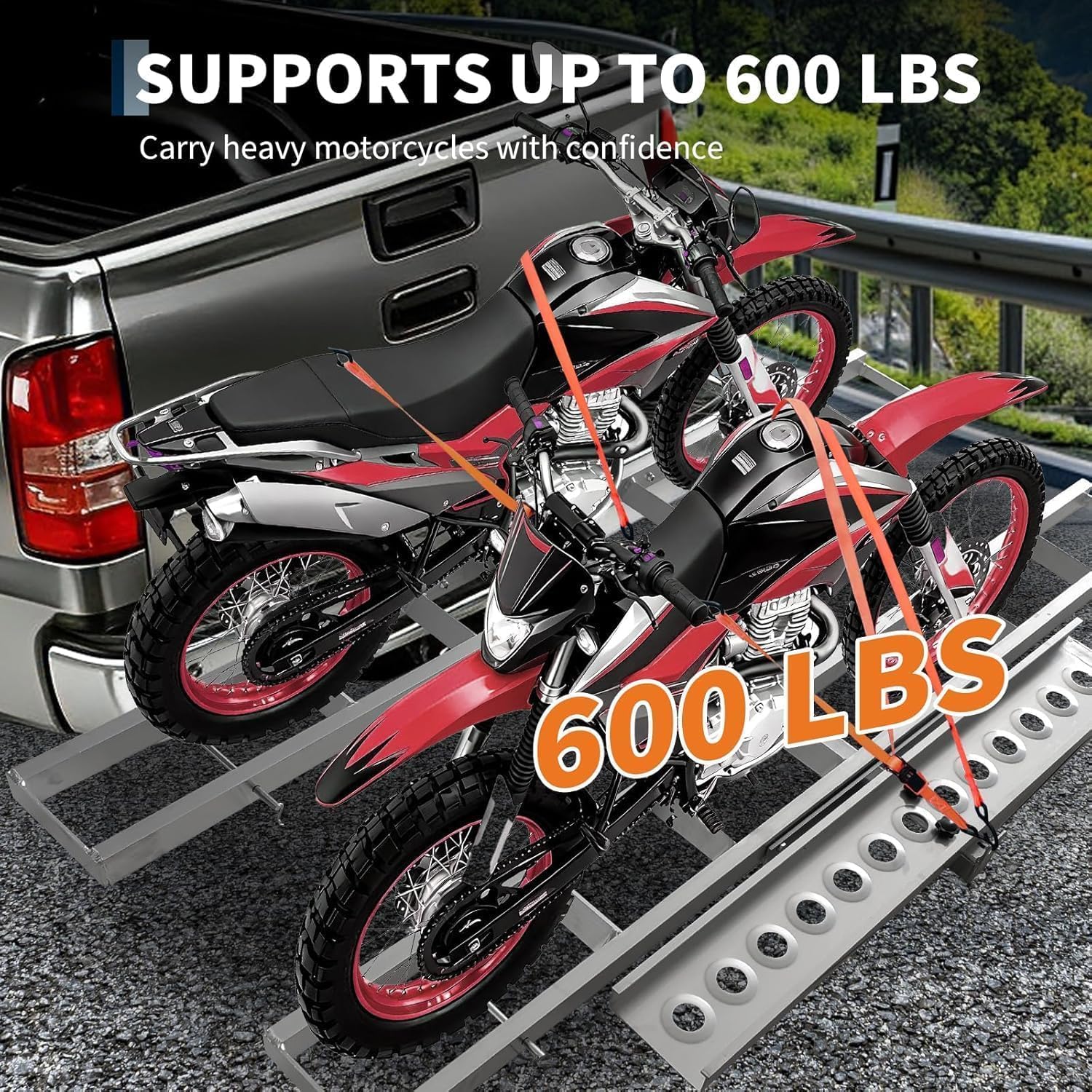 600 lbs Professional-Grade Motorcycle Hitch Carrier – 2 Inch Receiver Hitch Mount, Anti-Wobble Stabilization, Non-Slip Ramp, Tie-Down Straps, Dirt Bike & Motorcycle Trailer Transport
