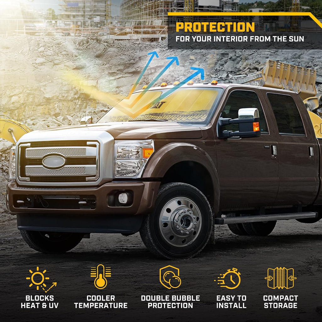 CAT Auto Shade for Trucks – Jumbo 65"x27" Accordion Folding Sunshade with Bold Yellow Tire Tracks Design – Heavy-Duty Windshield Cover for Maximum UV Protection & Interior Cooling