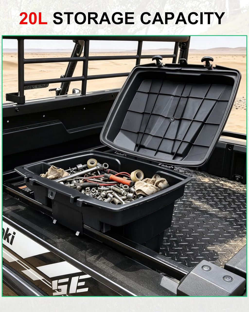 SAUTVS Rear Cargo Storage Box for Kawasaki Mule Pro MX 2019-2027 | 20L PP Bed Trunk Storage Bin, IP67 Waterproof, Removable Design