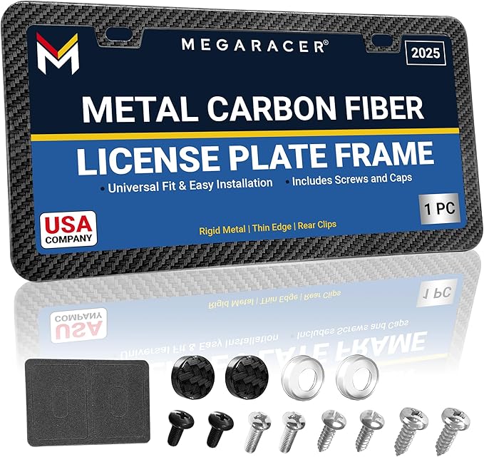 Premium Slim Carbon Fiber Design License Plate Frame – 1 Pack, Rust-Free by MegaRacer