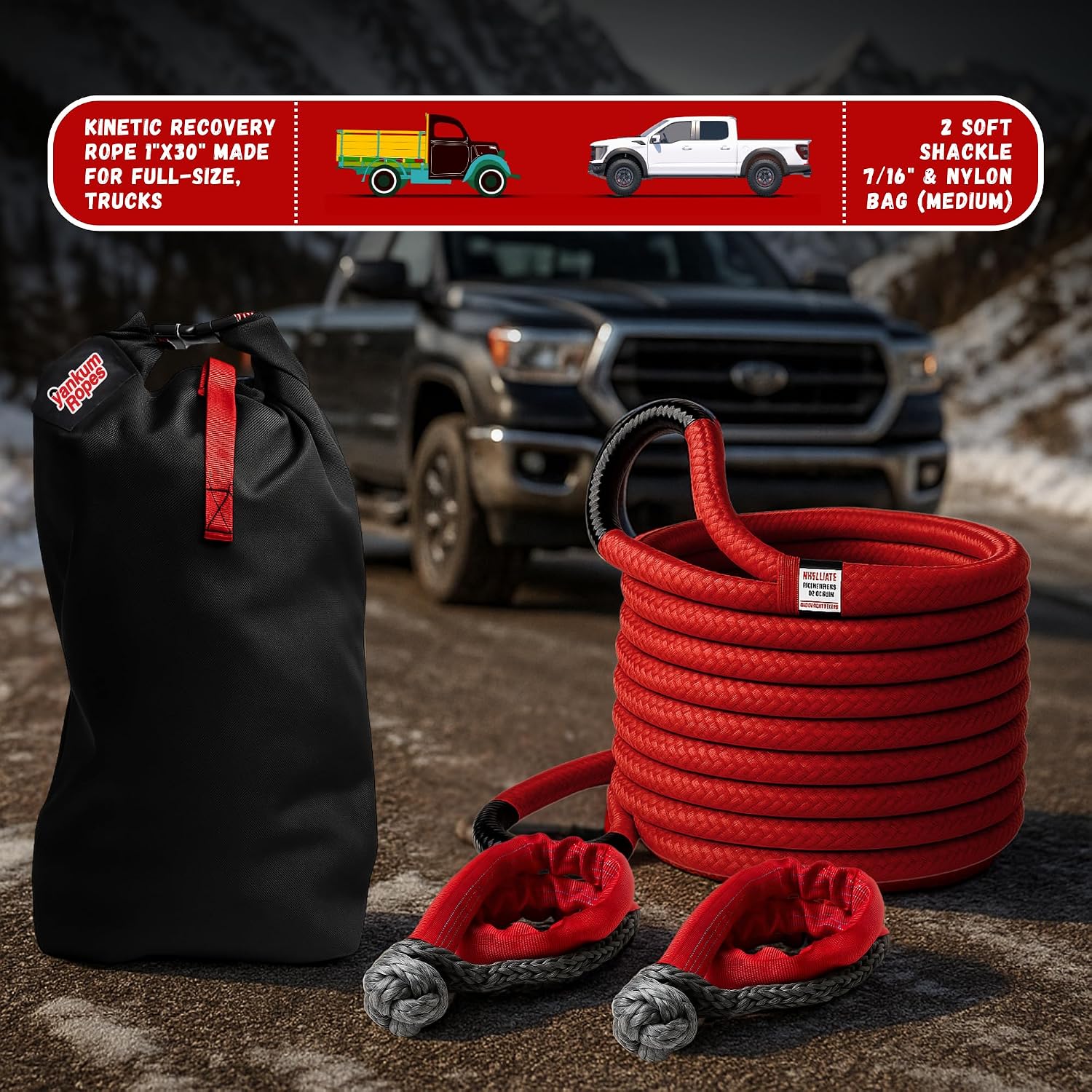 Yankum Kinetic Recovery Rope 1”x30’, 2 Soft Shackle 7/16” & Nylon Bag (Medium) – Heavy Duty Tow Rope, Synthetic Recovery Shackle, Waterproof Tool Bag for Off-Road, Jeep, Truck Recovery, Made in USA