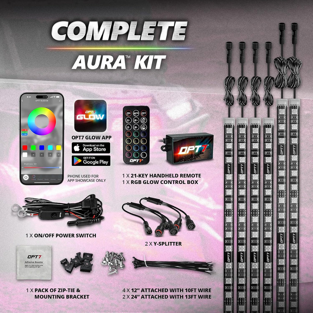 OPT7 Aura RGB LED Light Kit for Motorcycle, ATV, UTV & Snowmobile | App & Remote Controlled Multicolor Underglow Lighting, Waterproof LED Strips, Music Sync, Universal 12V Powersports Accent Lights