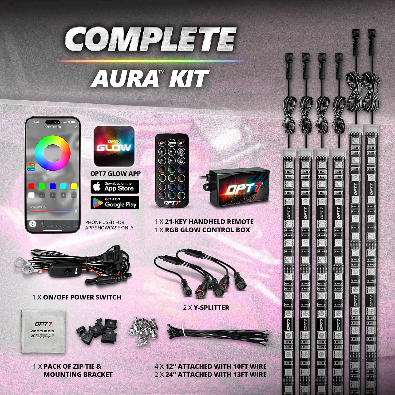 OPT7 Aura RGB LED Light Kit for Motorcycle, ATV, UTV & Snowmobile | App & Remote Controlled Multicolor Underglow Lighting, Waterproof LED Strips, Music Sync, Universal 12V Powersports Accent Lights