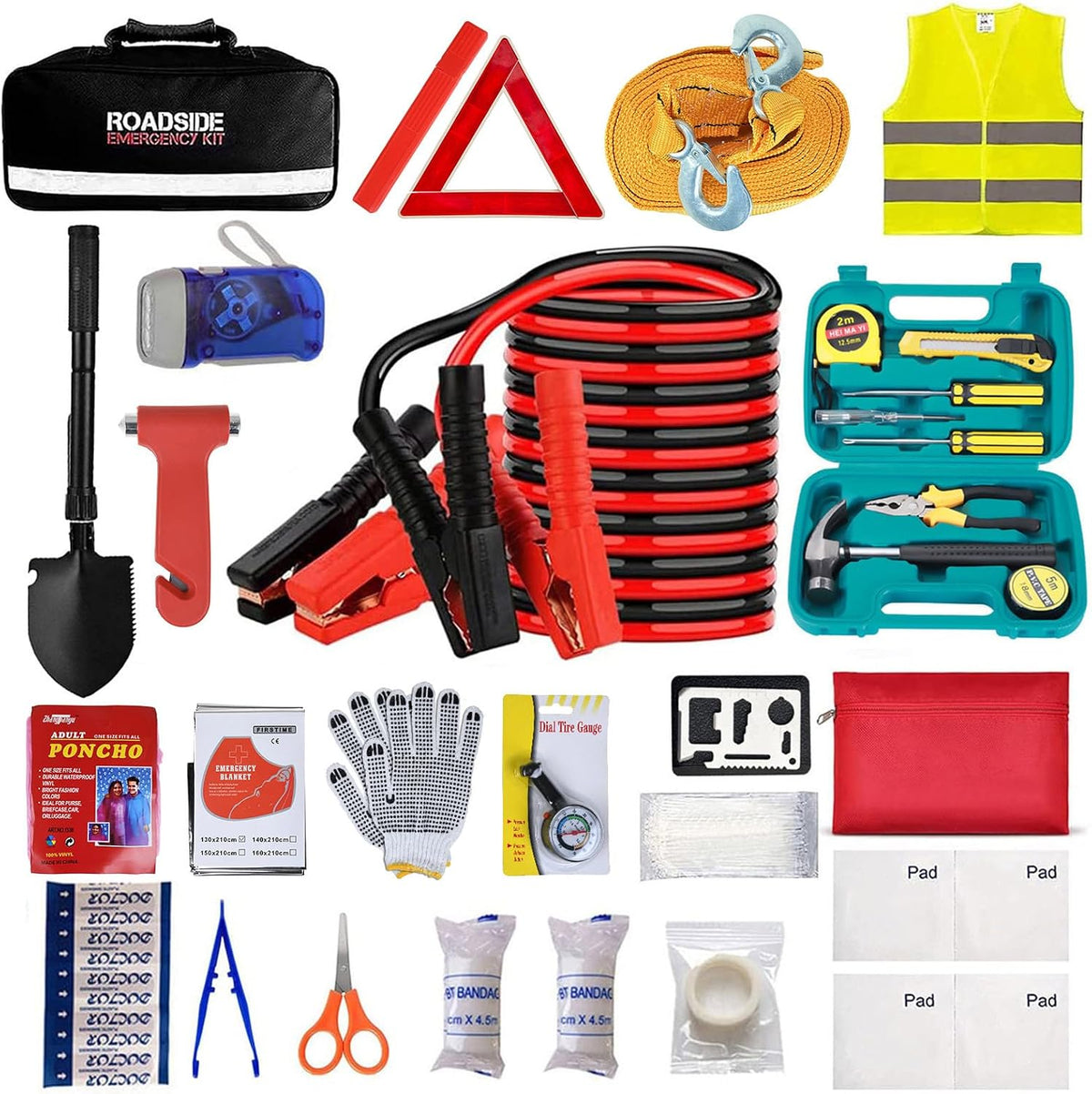 car emergency roadside tool kit with jumper cable, main product view