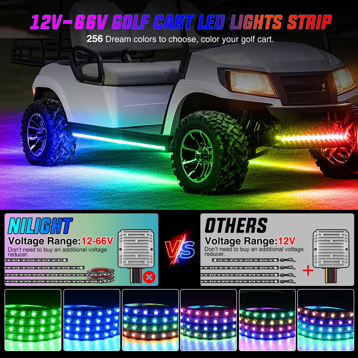 Nilight 4PCS Golf Cart Underglow LED Light Strip Dream Color Multi-Mode Neon Accent Lighting Kit APP and Remote Control Sound Active Music Sync IP67 Waterproof 12V-66V Input for EZGO Yamaha Club Car