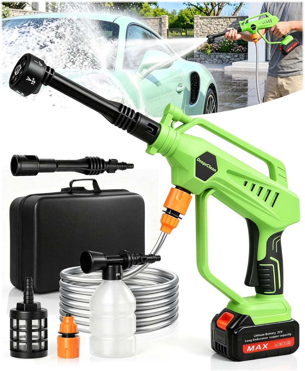 DeeprClean Cordless Car Washer with 6-in-1 Nozzle, Portable Vehicle Cleaning Tool with Brushless Motor |3 Adjustable Levels & Battery Display | Lightweight Spray Tool for Car, Patio Outdoor Use-Lime