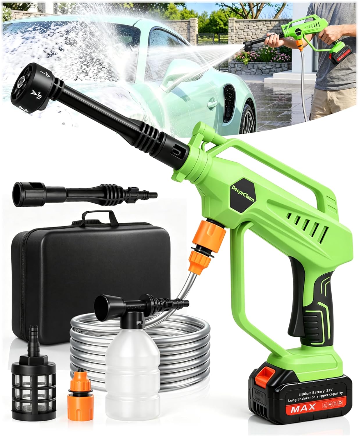 DeeprClean Cordless Car Washer with 6-in-1 Nozzle, Portable Vehicle Cleaning Tool with Brushless Motor |3 Adjustable Levels & Battery Display | Lightweight Spray Tool for Car, Patio Outdoor Use-Lime