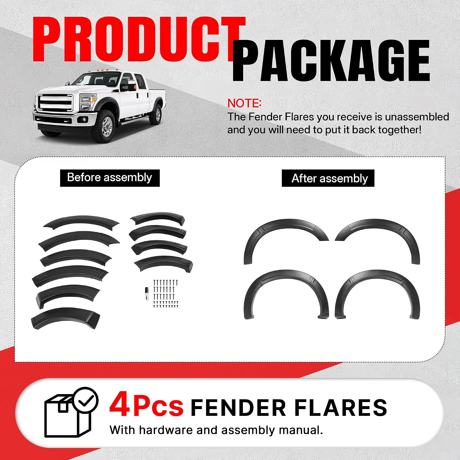 4Pcs Fender Flares Set Compatible with 2011-2016 Ford F-250 F-350 Super Duty Front & Rear Wheel Arch Cover Protector Plastic(PP) Textured Black
