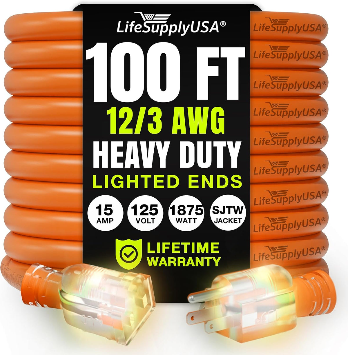 100ft Outdoor/Indoor Extension Cord 12/3 Gauge Extra Heavy Duty 3 Prong SJTW
