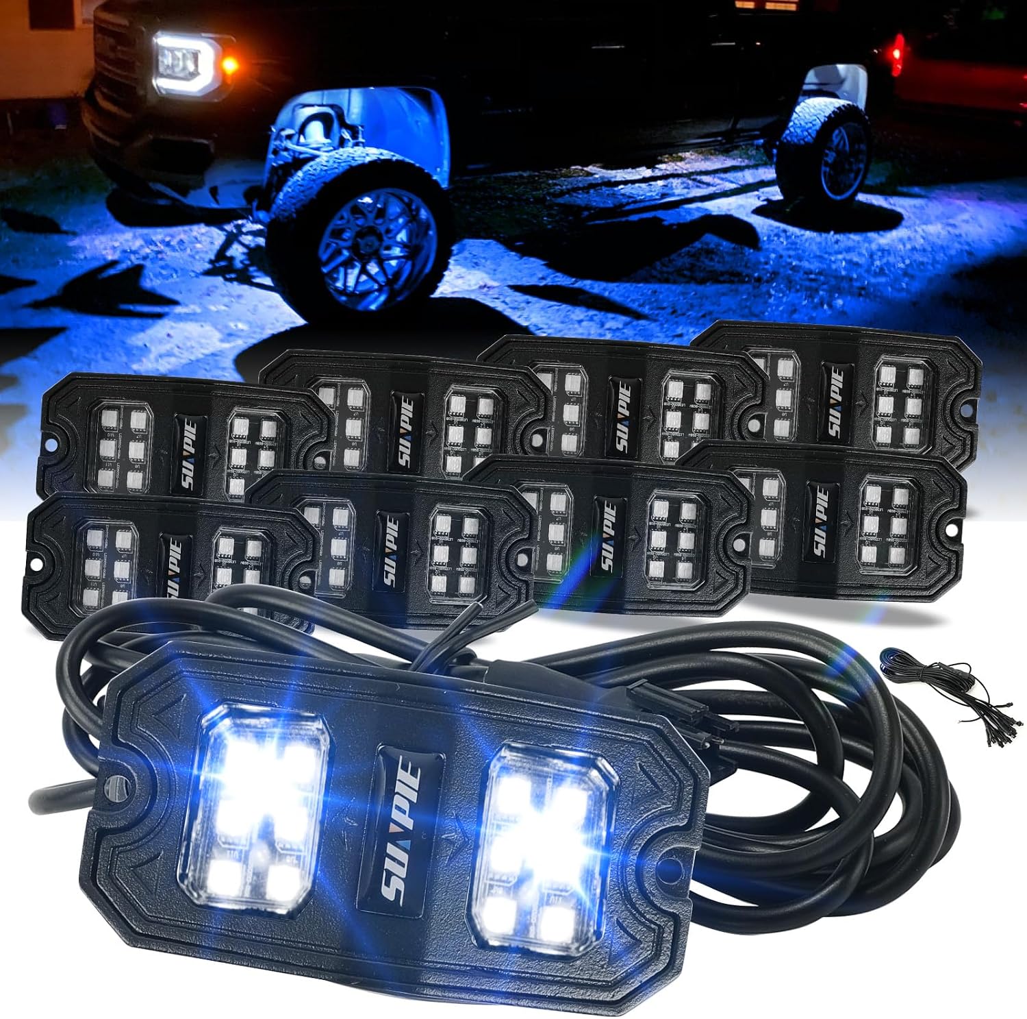 SUNPIE 8 Pods Quick Connect Blue Rock Lights, 18 Wide Angle Chips, 4M Extension Wires Each Light, Mounting Pads, IP67 Waterproof, Fits for Trucks Trailer SUV ATV UTV