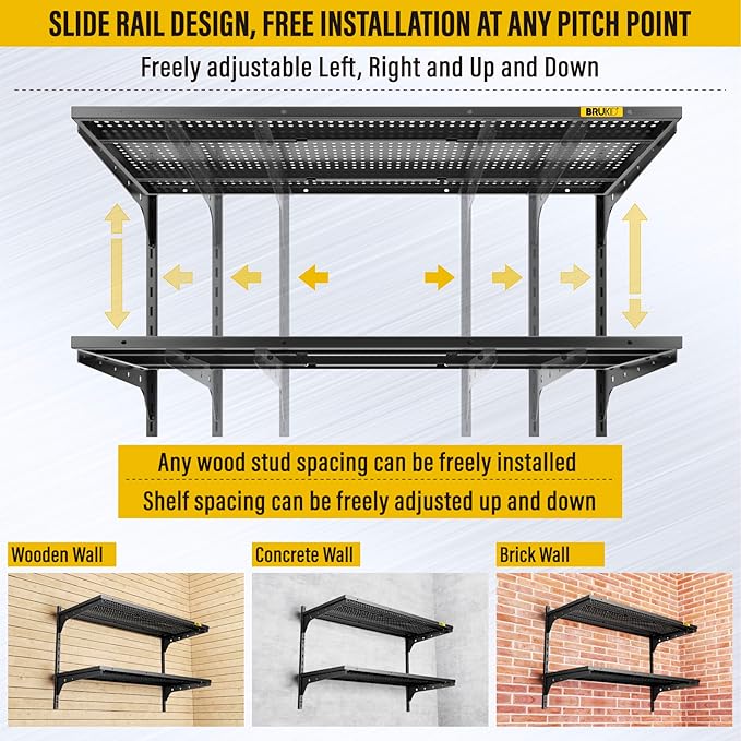 2 Tier 1.3x3ft Garage Shelving Wall Mounted, 400 lbs Load Capacity, 15.6x36inch - Image 7