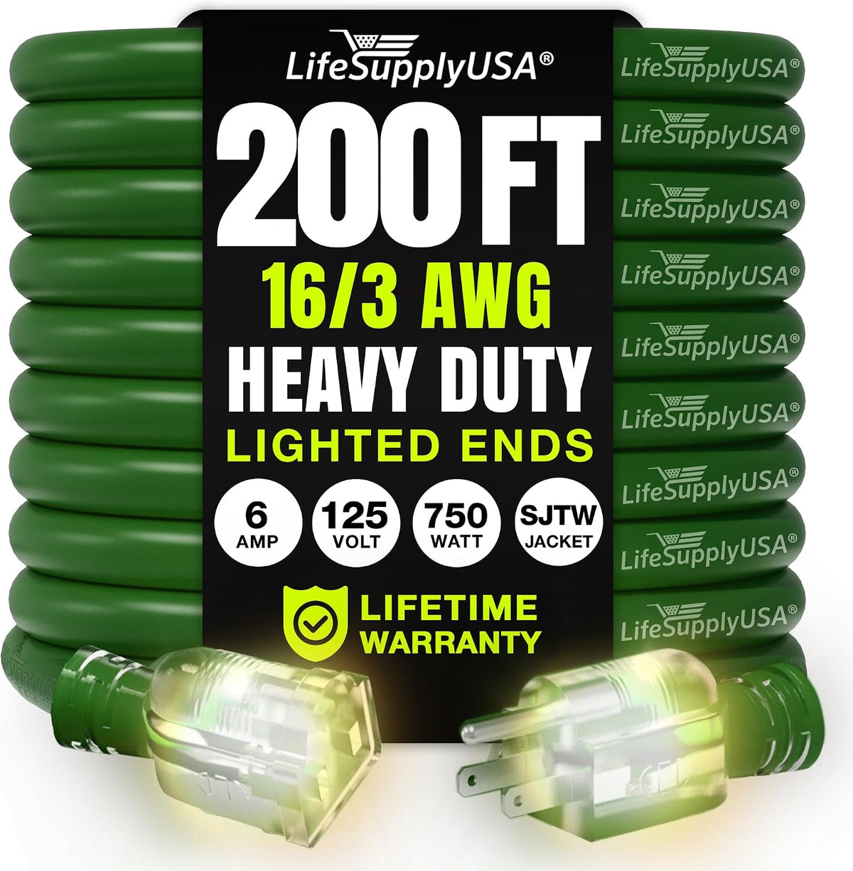 200ft Outdoor/Indoor Extension Cord 16/3 Gauge Heavy Duty 3 Prong SJTW