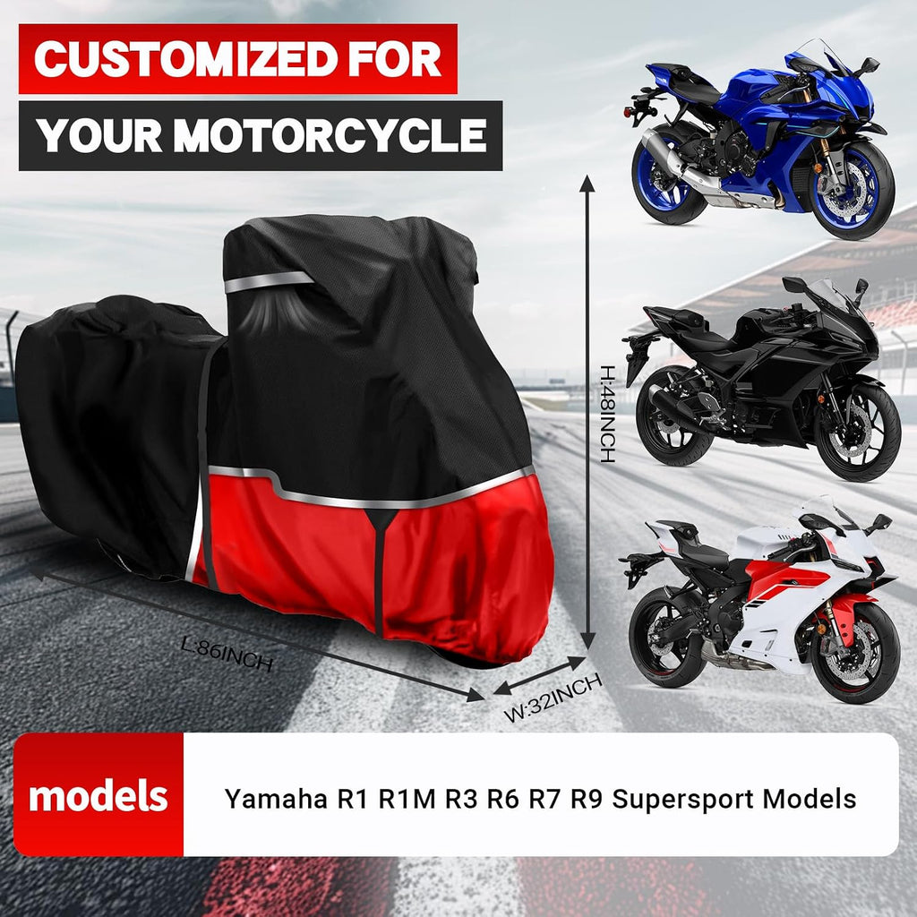 Motorcycle Cover for Yamaha R1 R3 R6 R7 R9 Supersport | Heavy Duty Waterproof Motorcycle Cover for All-Weather Outdoor Storage, 420D Oxford Fabric Rain Snow UV Dust Protection