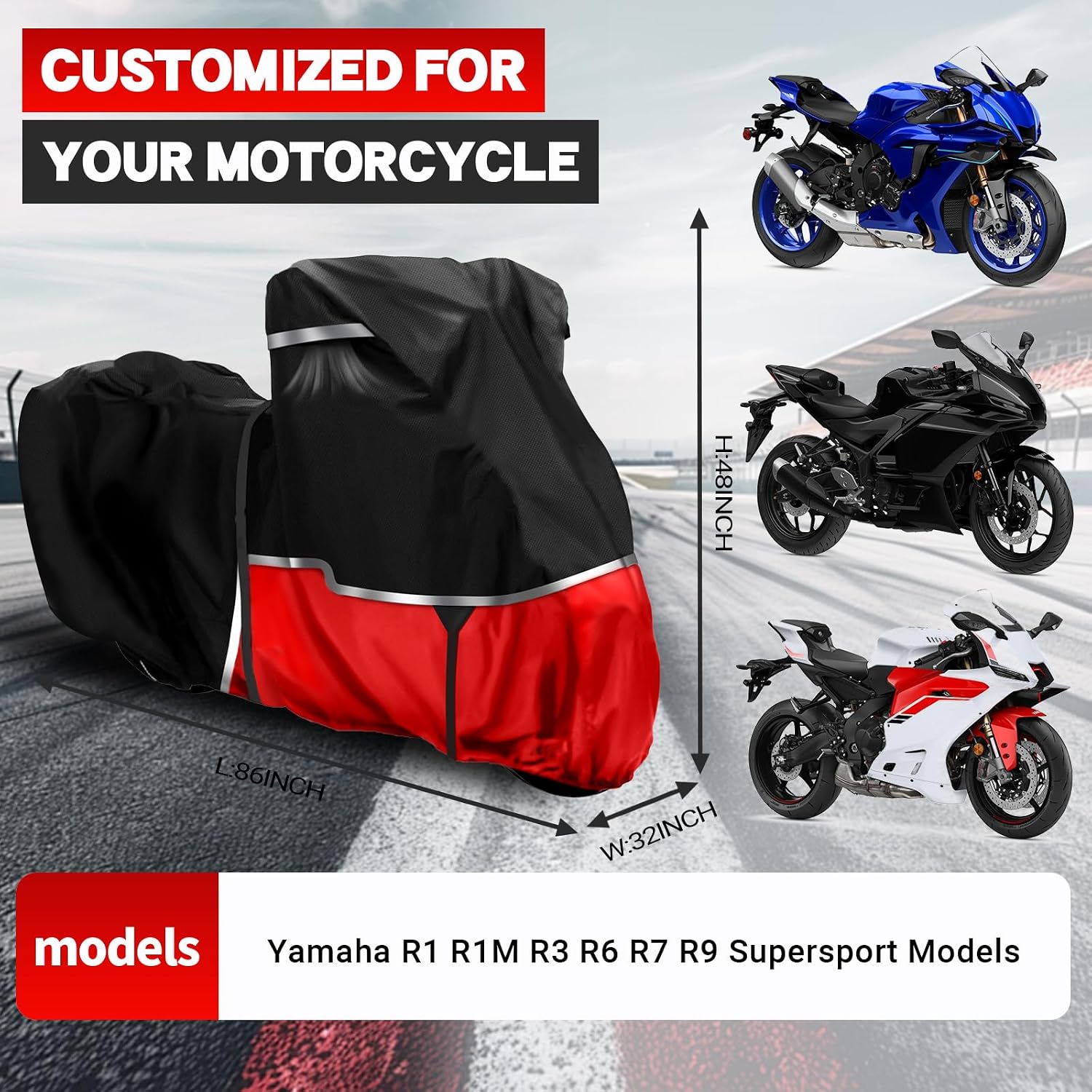Motorcycle Cover for Yamaha R1 R3 R6 R7 R9 Supersport | Heavy Duty Waterproof Motorcycle Cover for All-Weather Outdoor Storage, 420D Oxford Fabric Rain Snow UV Dust Protection