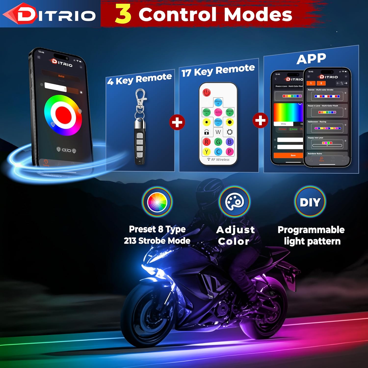 12PCS 5 Sides Full Angle RGB Motorcycle LED Underglow Kit with APP and 2 Remote Control,Brake Light Bright Waterproof Music Mode Easy Install Underglow Lights, Fit for Most Motorcycles Scooter