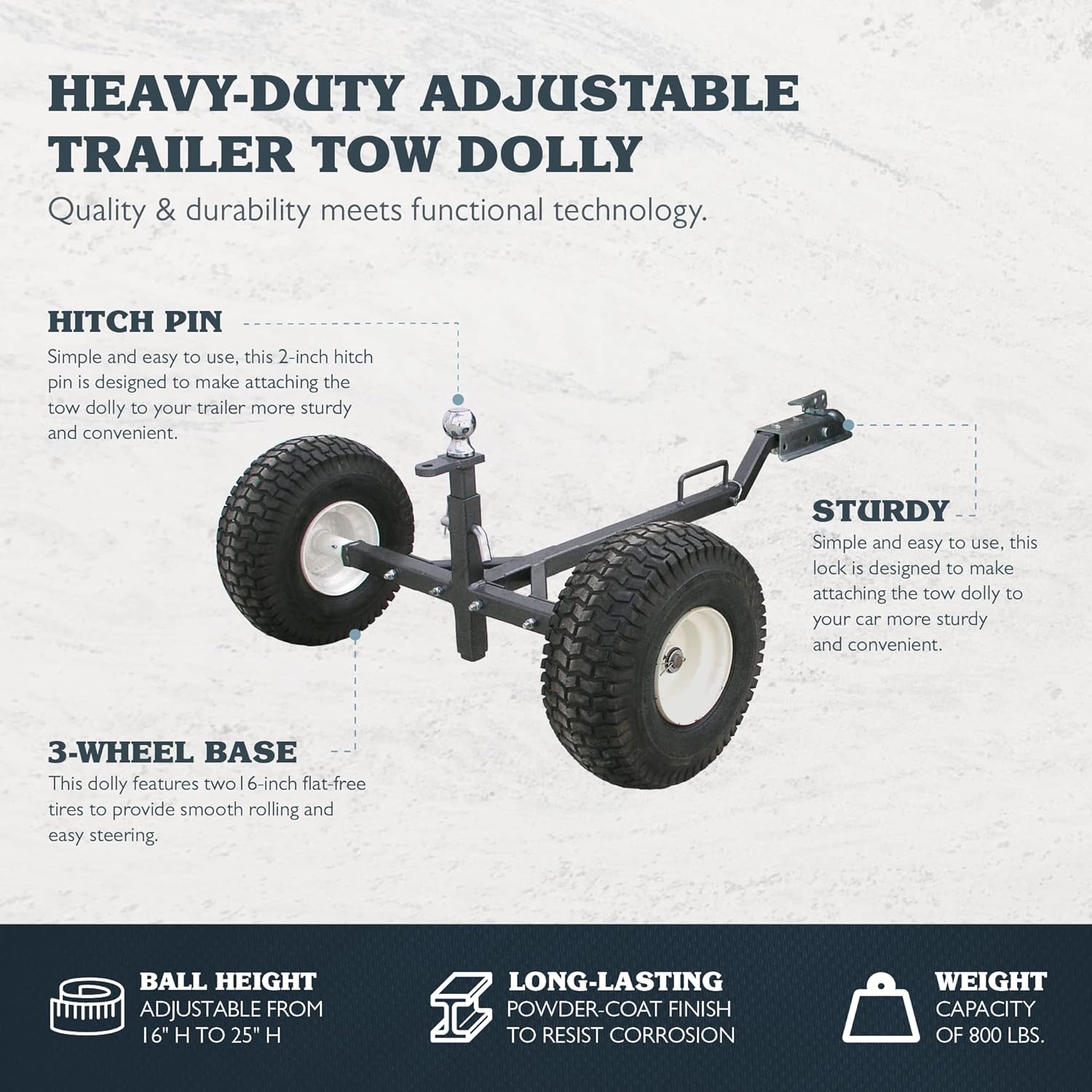 Tow Tuff TMD-800ATV ATV Weight Distributing Adjustable Trailer Dolly , Black, 800 lb Capacity/2 Wheels