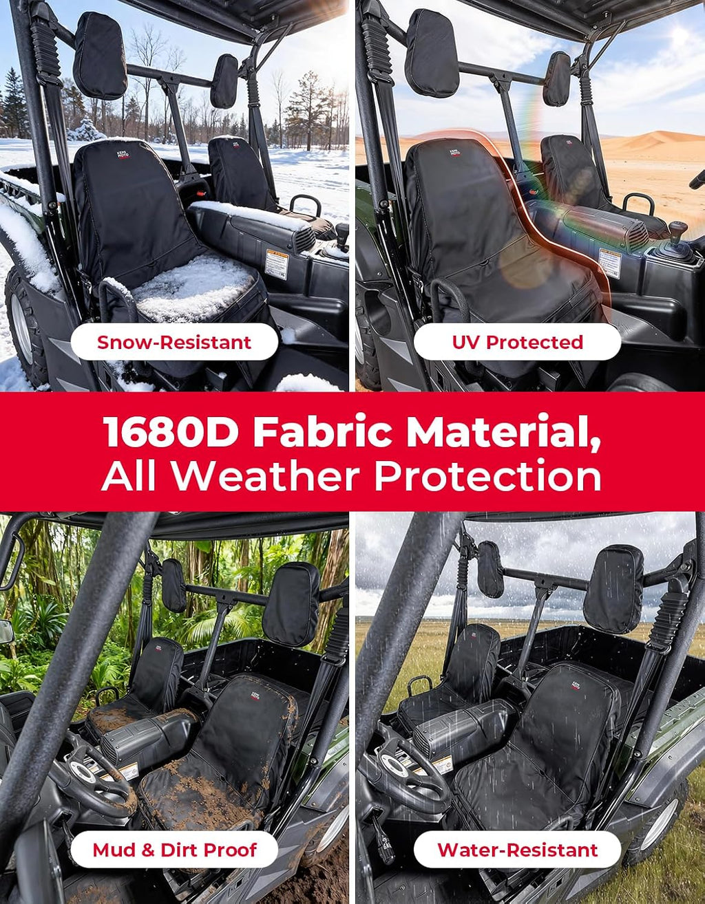 KEMIMOTO UTV Seat Cover with Drain Holes - 1680D Oxford Heavy-Duty & Water-Resistant Compatible with Hisun/Axis 500 700, Massimo MSU500 MSU700, Coleman UT500 UT700, Headrest Covers Included 2-PC Set