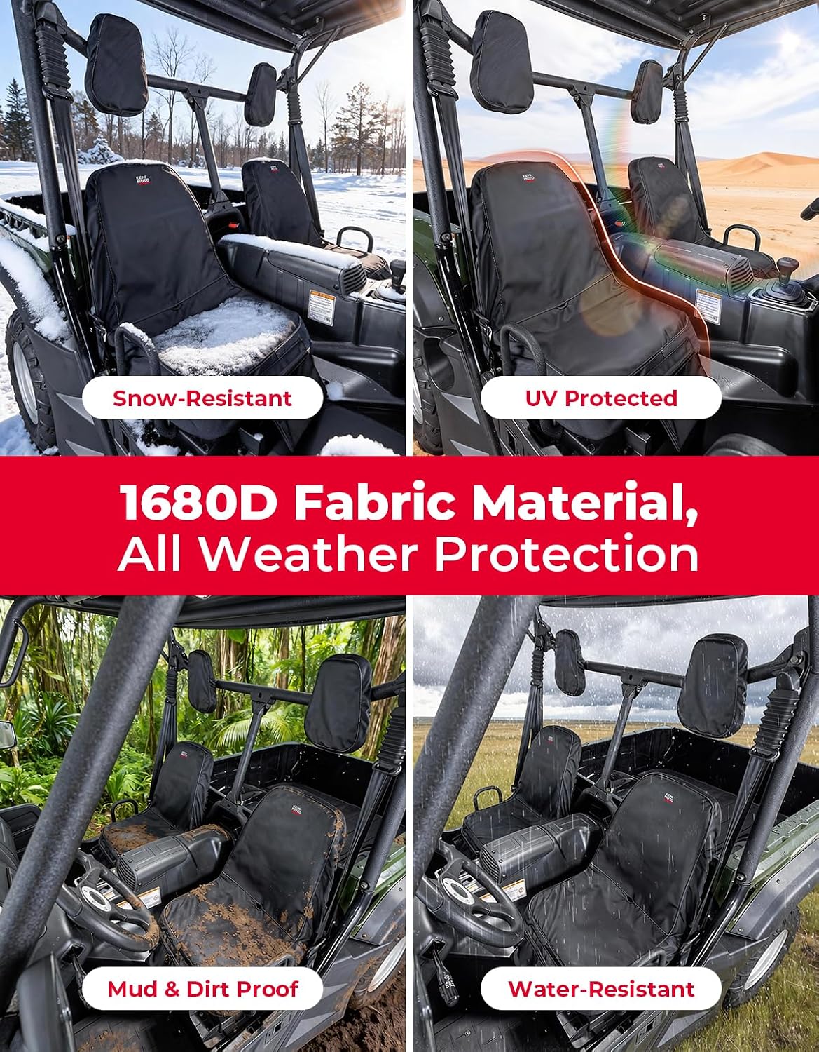KEMIMOTO UTV Seat Cover with Drain Holes - 1680D Oxford Heavy-Duty & Water-Resistant Compatible with Hisun/Axis 500 700, Massimo MSU500 MSU700, Coleman UT500 UT700, Headrest Covers Included 2-PC Set