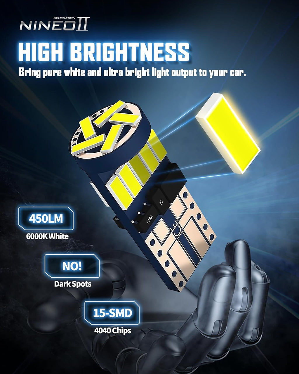 NINEO T10 LED BULBS 4 PCS, 194 921 168 w5w with 15-SMD 4014 Chips 6000K White for Car Interior Backup Tail Door Dome Map Reverse License Plate Courtesy Side Marker Parking Trunk Glove Box Light Bulbs