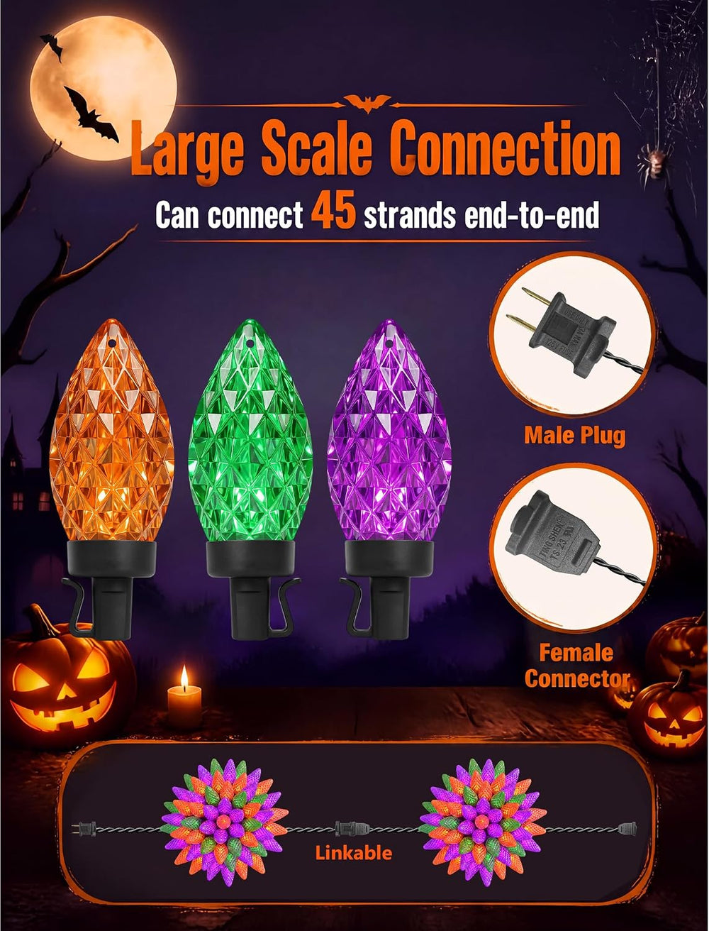 26FT C9 Halloween String Lights, 50 LED Orange Green Purple Diamond Lights