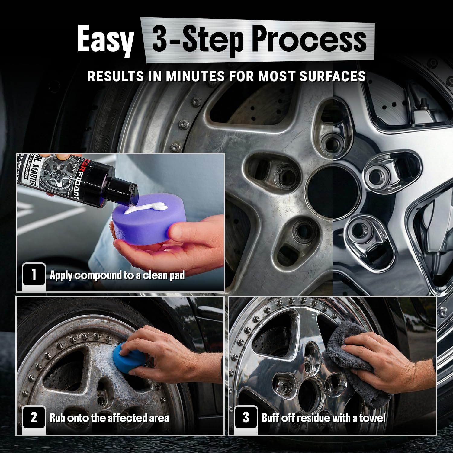 Metal Polish Kit with Applicator Pad – Restores Shine & Removes Oxidation on Chrome, Aluminum & Stainless Steel – Carnauba + Ceramic Protection – Metal Cleaner & Polish – 8.4 oz