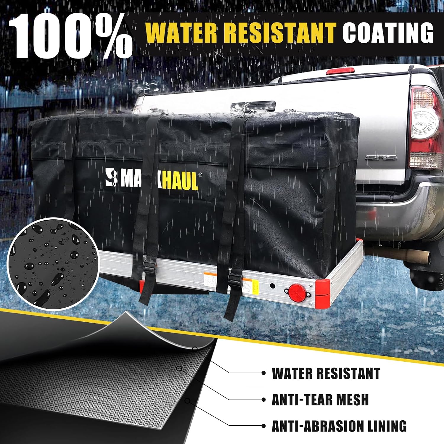 MaxxHaul 70209 Soft Shell Cargo Carrier Bag for Hitch Mount Cargo Rack - Heavy Duty and Water Resistant 47 inch 20 inch x 20 inch Black with Tie Down Straps