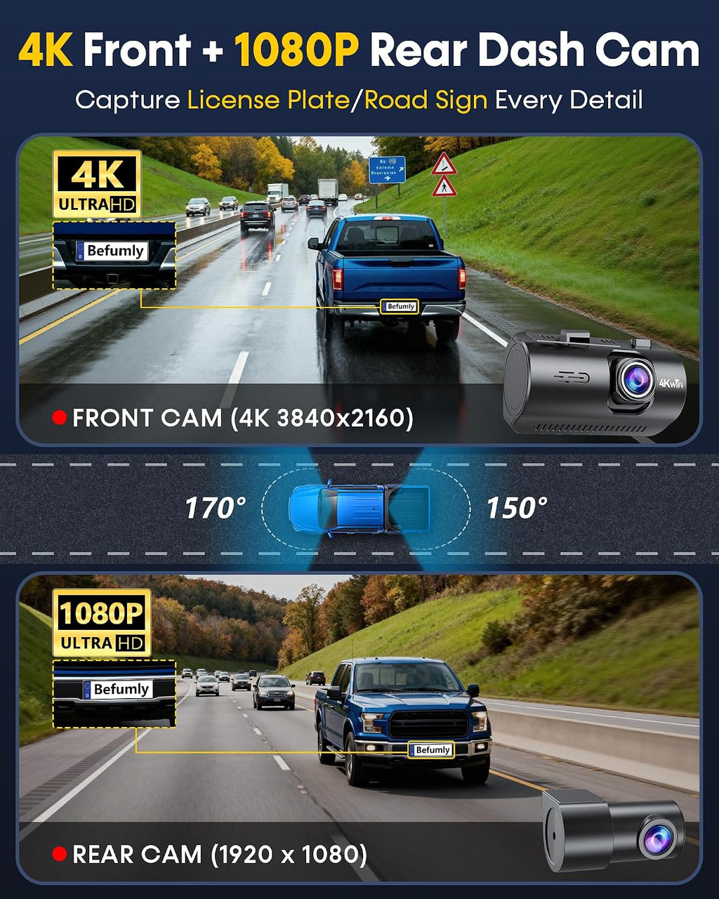 front and rear dash cam for truck: 4k+1080p shown in use